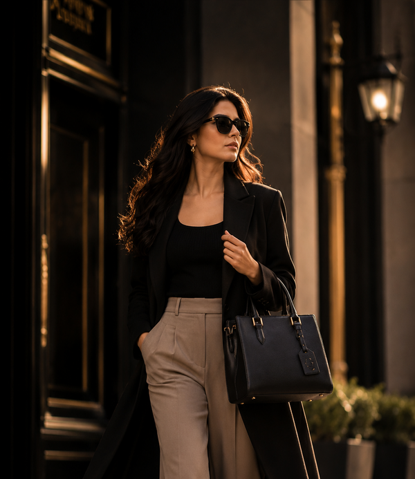 A woman walking on a cobblestone street at dusk, wearing a black longline blazer over a black top, beige wide-leg trousers, and carrying a structured black handbag.
