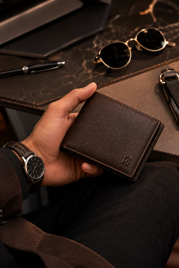 A dark brown textured leather bifold wallet held in a hand, set against a styled desk background with sunglasses, a pen, and a watch.